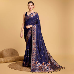 Blue Floral Woven Banarasi Silk Saree