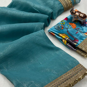 Blue Solid Fancy Fabric Saree With Zari Sequins Lace Border