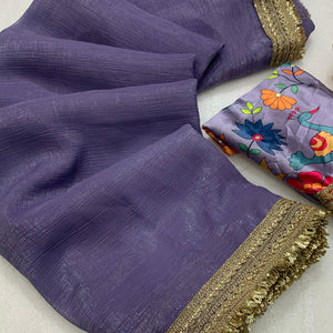 Pastel Purple Solid Fancy Fabric Saree With Zari Sequins Lace Border