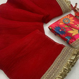 Red Solid Fancy Fabric Saree With Zari Sequins Lace Border