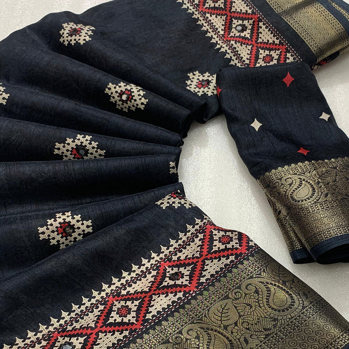 Black Printed With Mirror Work Crepe Saree With Tassels