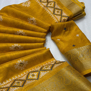 Mustard Printed With Mirror Work Crepe Saree With Tassels
