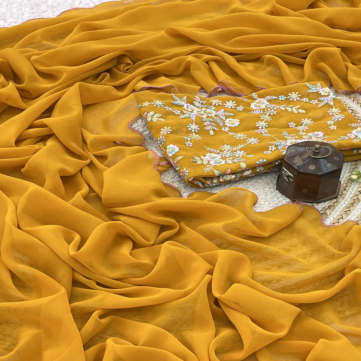 Mustard Solid Georgette Saree