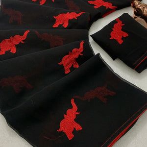 Black Georgette Saree Featuring Exquisite Elephant Embroidery