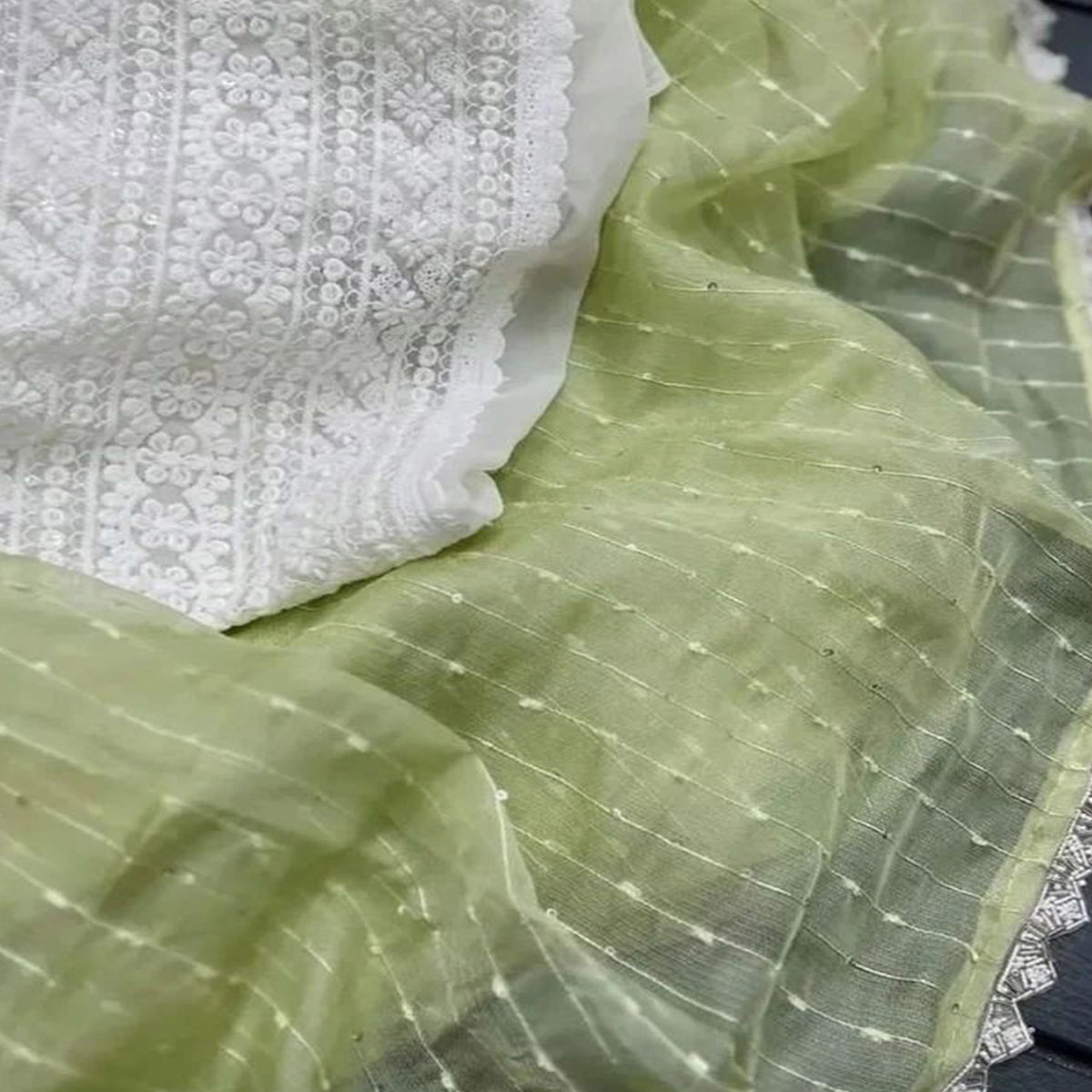 Green Sequins Embroidered Organza Saree
