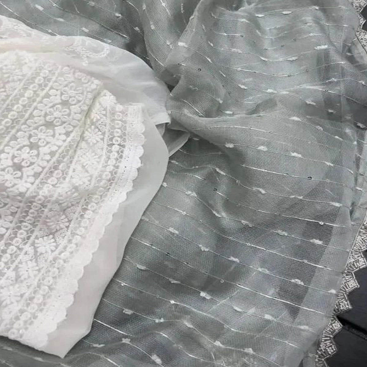 Grey Sequins Embroidered Organza Saree
