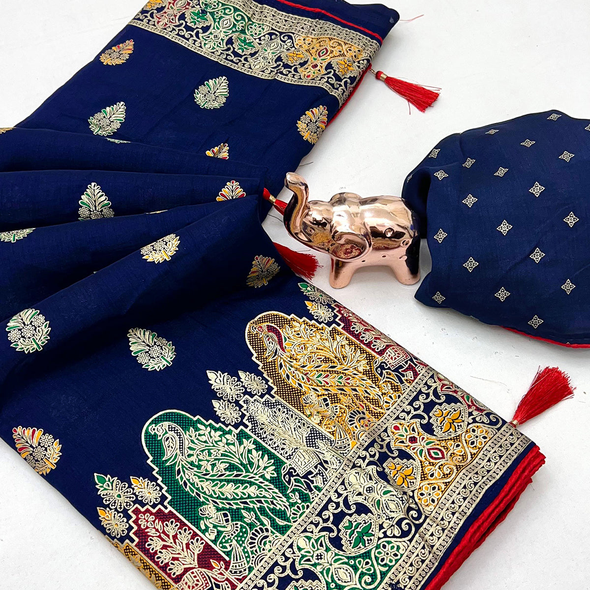 Blue Luxury Pure Silk Saree Crafted With Floral Meenakari Foil Print & Trendy Tassel Pallu