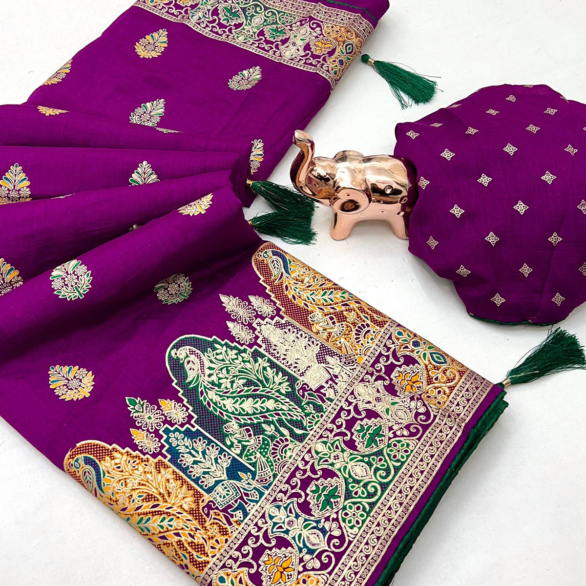 Dark Magenta Luxury Pure Silk Saree Crafted With Floral Meenakari Foil Print & Trendy Tassel Pallu