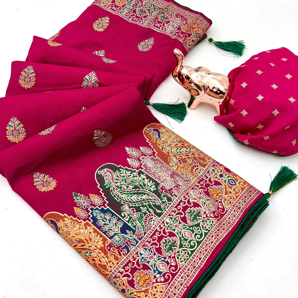 Pink Luxury Pure Silk Saree Crafted With Floral Meenakari Foil Print & Trendy Tassel Pallu