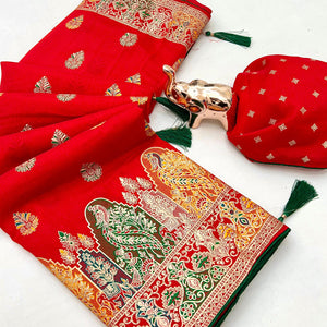 Red Luxury Pure Silk Saree Crafted With Floral Meenakari Foil Print & Trendy Tassel Pallu