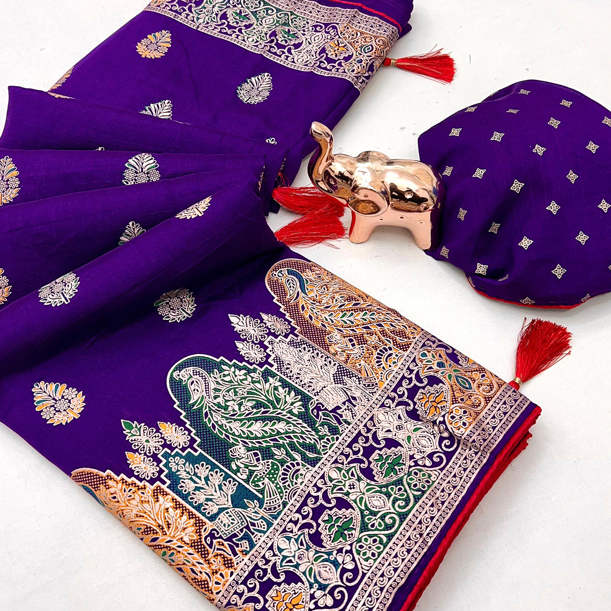 Royal Purple Luxury Pure Silk Saree Crafted With Floral Meenakari Foil Print & Trendy Tassel Pallu