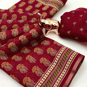 Maroon Floral Printed Cotton Blend Saree With Zari Weaving Border