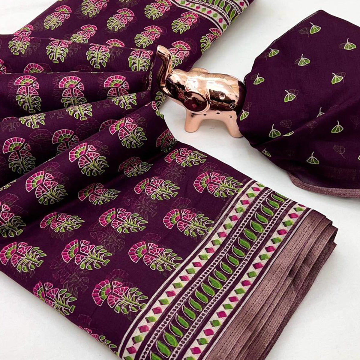 Wine Floral Printed Cotton Blend Saree With Zari Weaving Border