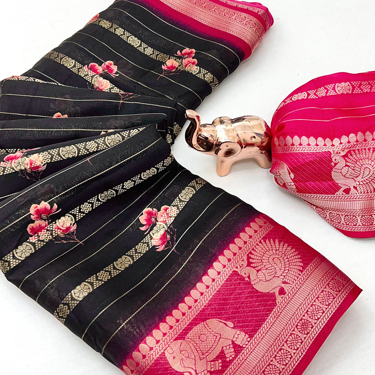 Black Floral Weaving Mysore Silk Saree With Peacock Printed Pallu & Two Tone Padding Border