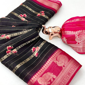 Black Floral Weaving Mysore Silk Saree With Peacock Printed Pallu & Two Tone Padding Border