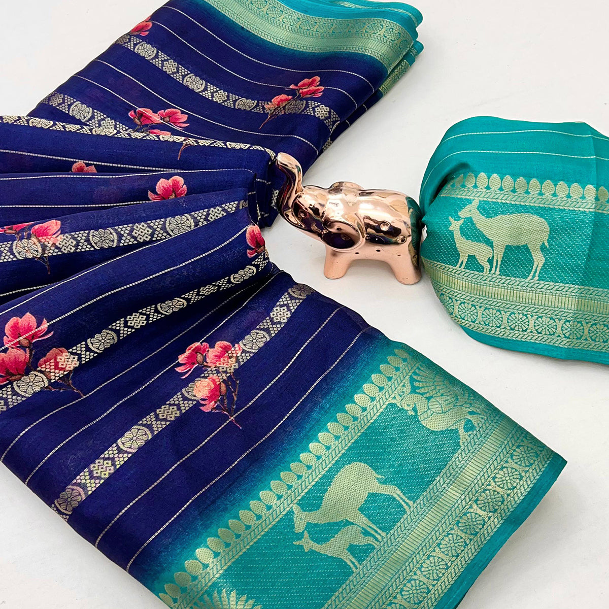 Navy Blue Floral Weaving Mysore Silk Saree With Peacock Printed Pallu & Two Tone Padding Border