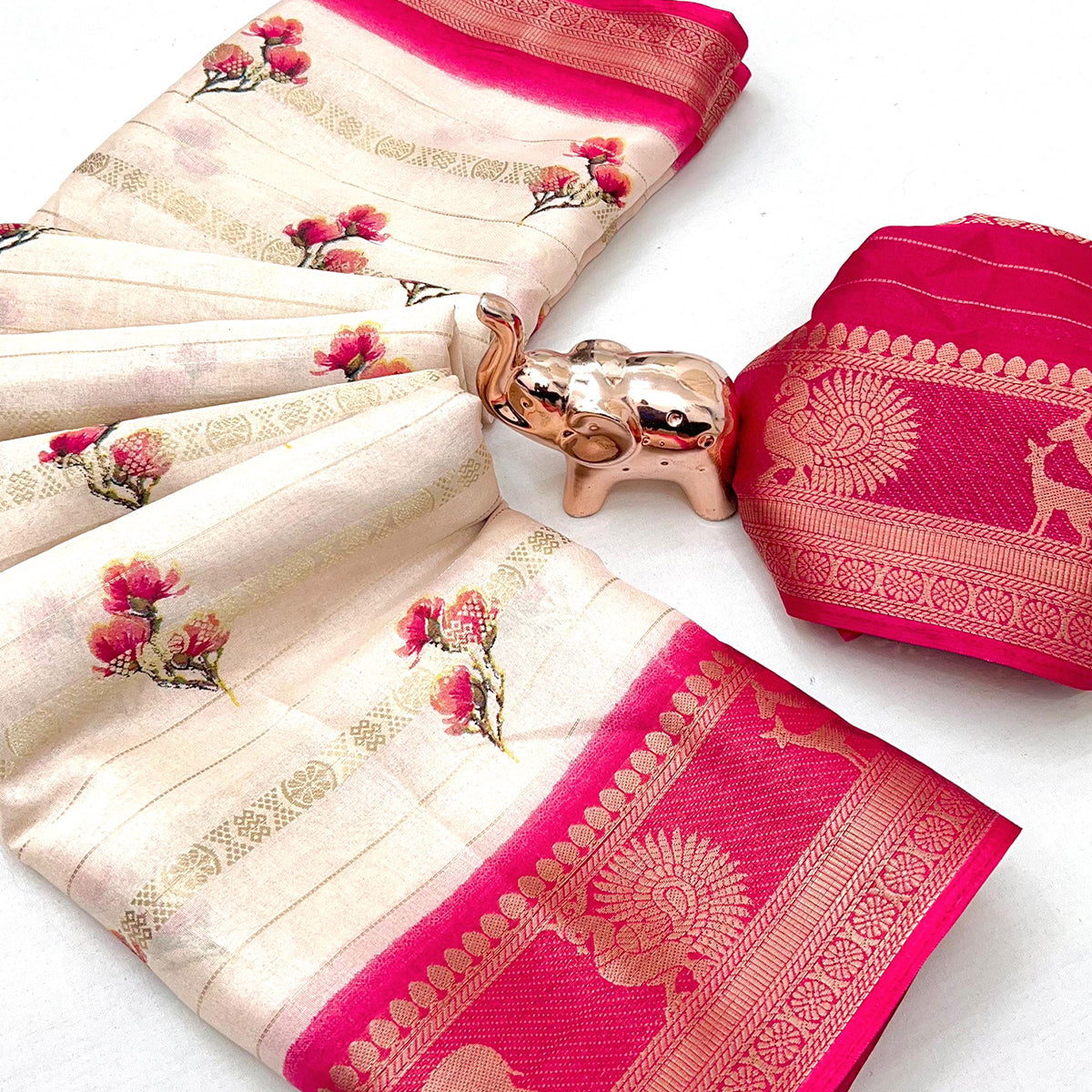 Offwhite Floral Weaving Mysore Silk Saree With Peacock Printed Pallu & Two Tone Padding Border