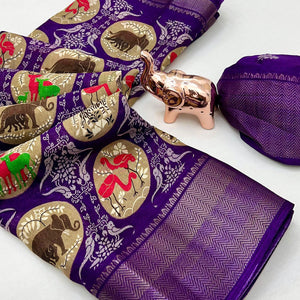 Dark Purple Printed Dola Silk Saree With Zari Woven Border