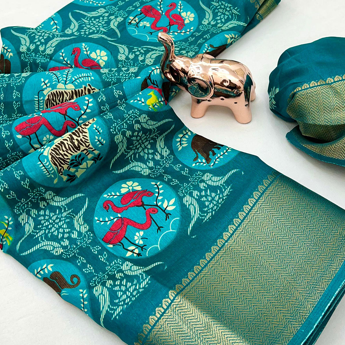 Teal Printed Dola Silk Saree With Zari Woven Border
