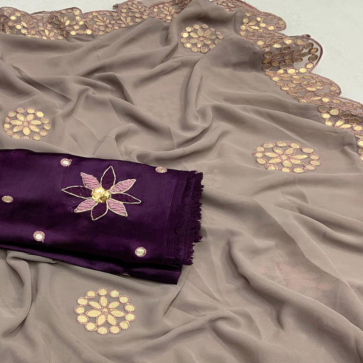 Grey Embroidered Georgette Saree With Gota Patti Work