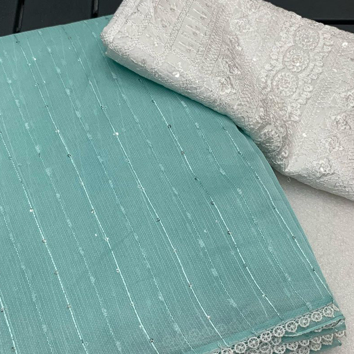 Blue Sequins Embroidered Organza Saree