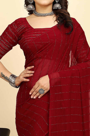 Dark Red Striped Zari Woven Chiffon Saree With Tassels