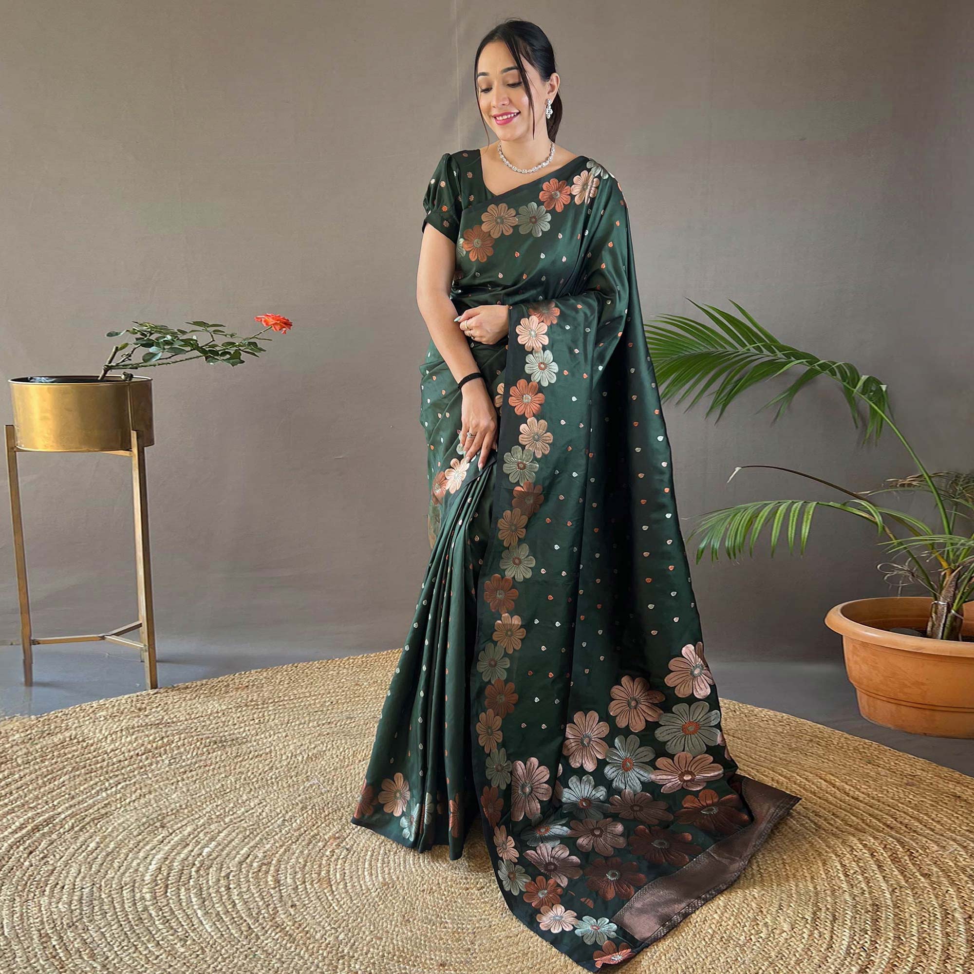 Green Floral Zari Woven Pure Silk Saree