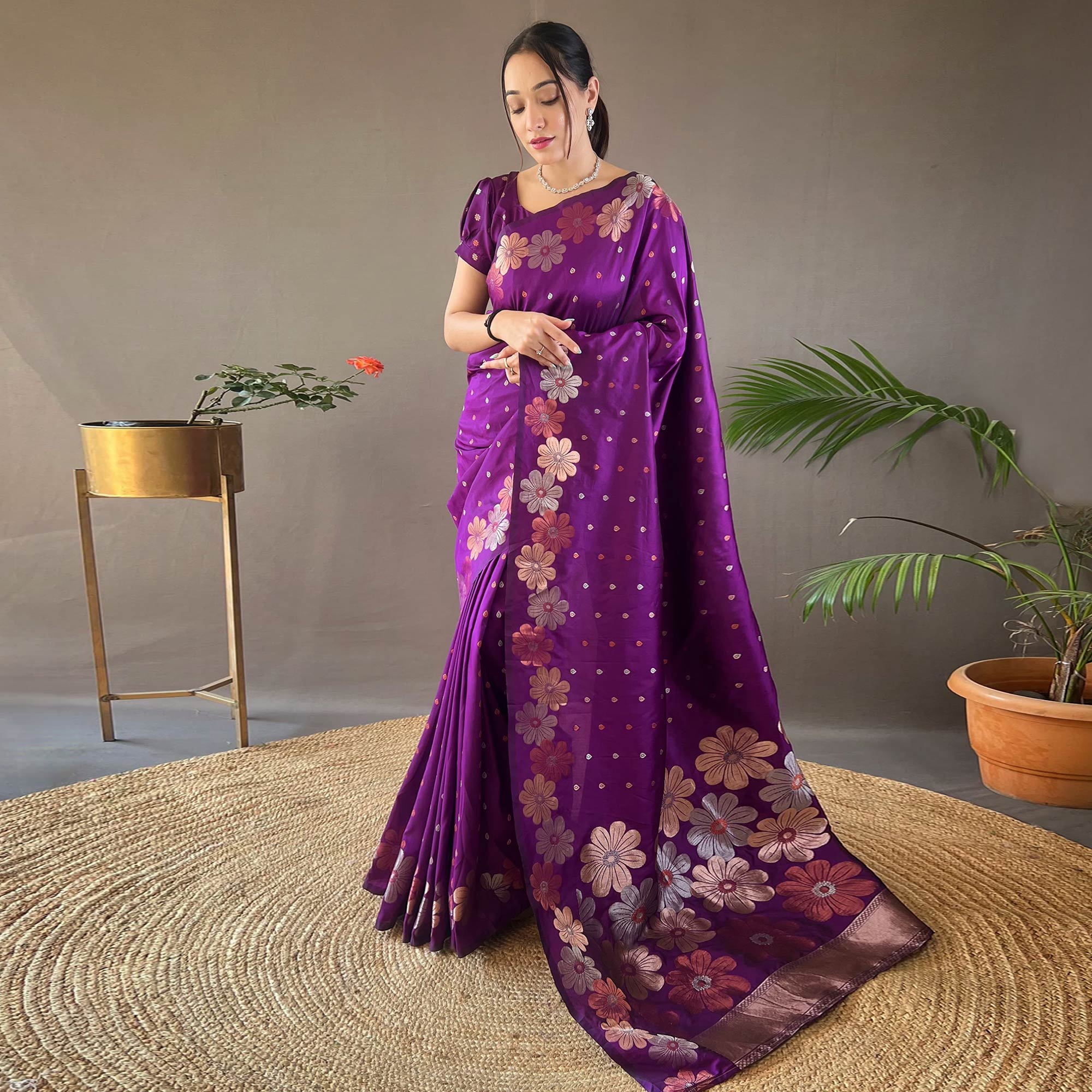 Purple Floral Zari Woven Pure Silk Saree
