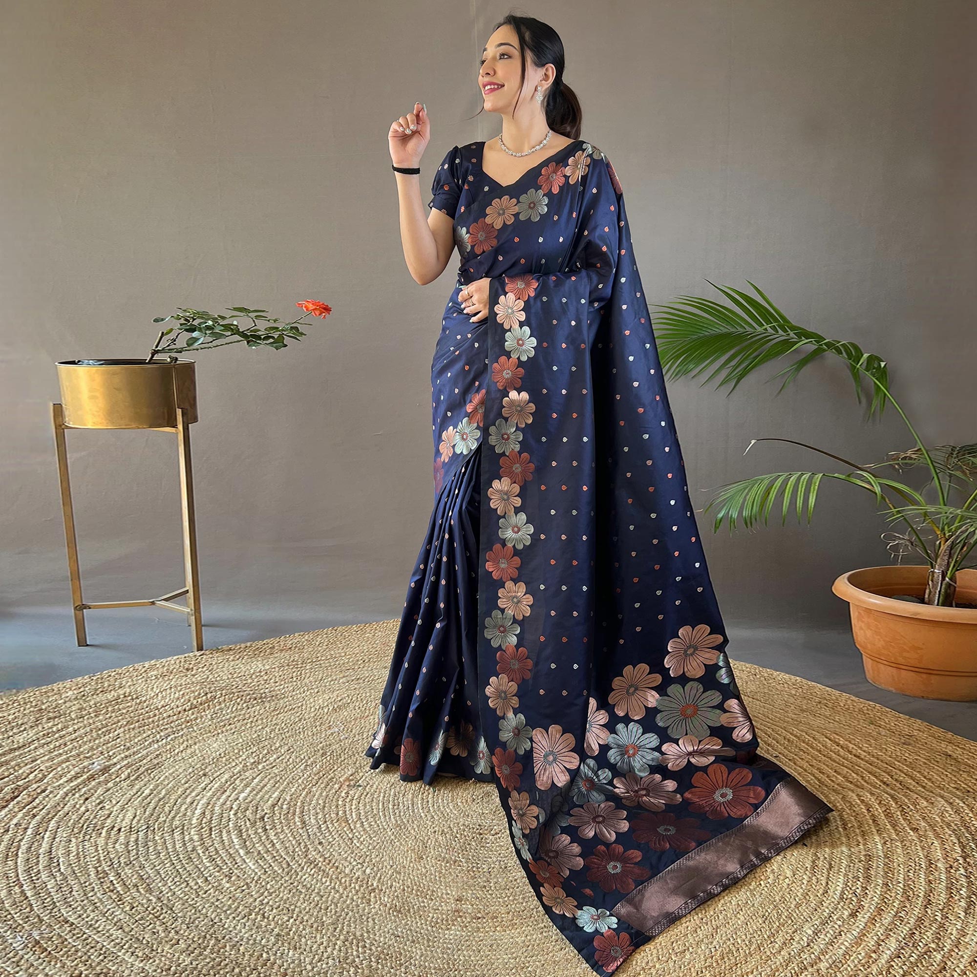Royal Blue Floral Zari Woven Pure Silk Saree