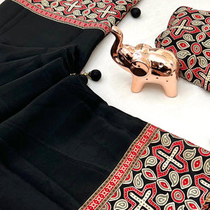 Black Saree in Satin Fabric with Authentic Ajrakh Patterns