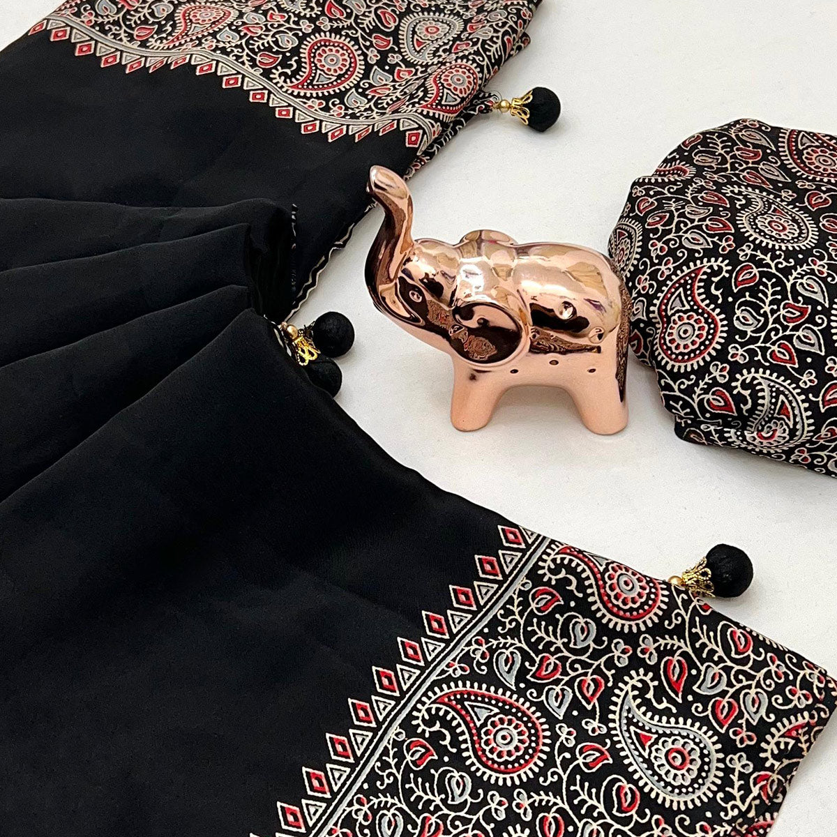 Black Saree in Satin Fabric with Authentic Ajrakh Patterns
