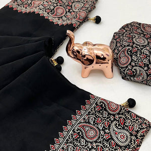 Black Saree in Satin Fabric with Authentic Ajrakh Patterns
