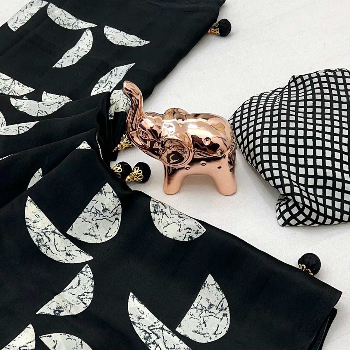 Black Saree in Satin Fabric with Modern Geometric Patterns