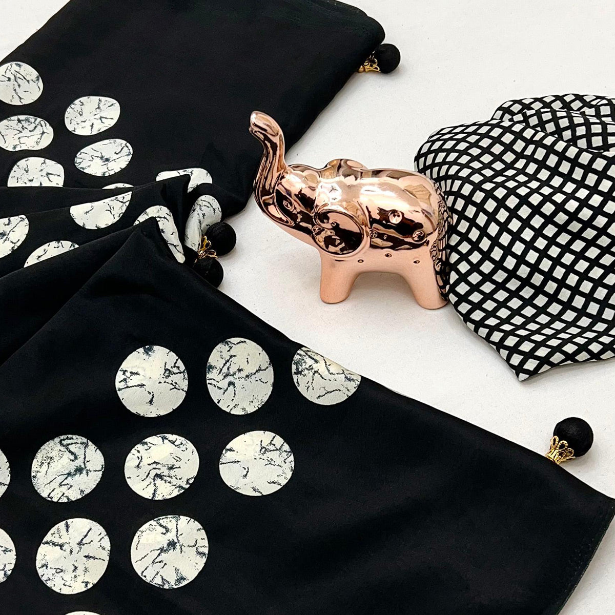 Black Saree in Satin Fabric with Modern Geometric Patterns