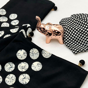 Black Saree in Satin Fabric with Modern Geometric Patterns