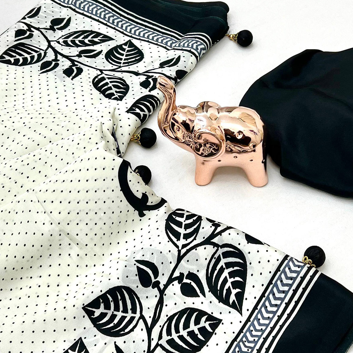 White Saree in Satin Fabric with Modern Floral Patterns