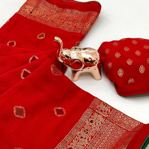 Red Viscose Saree with Foil Geometric Prints