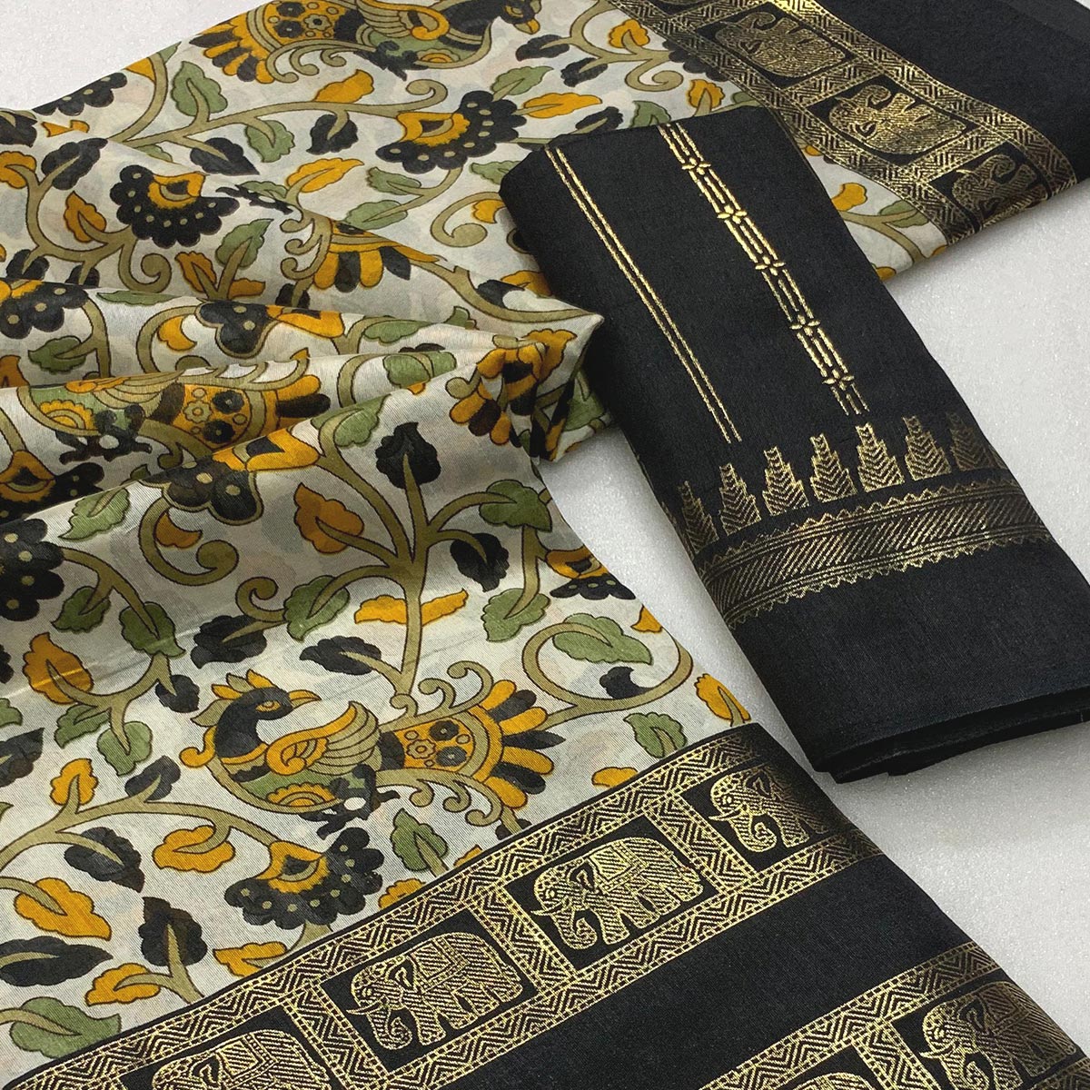 Black Kalamkari Printed Dola Silk Saree