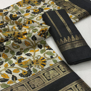 Black Kalamkari Printed Dola Silk Saree