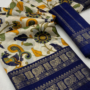 Blue Kalamkari Printed Dola Silk Saree