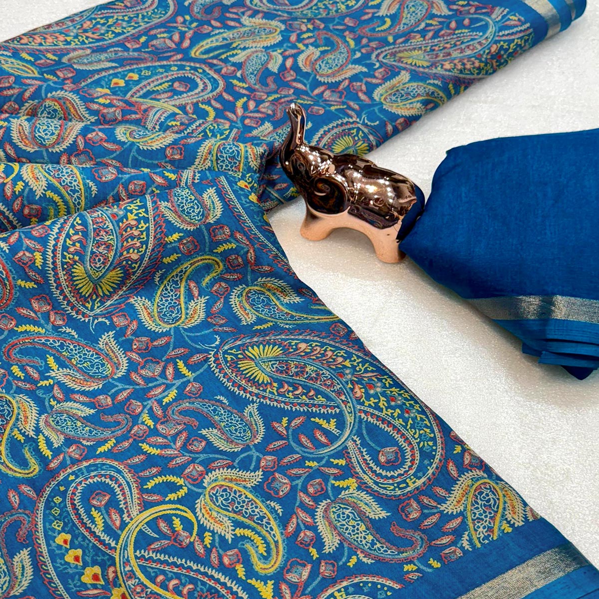 Classic Blue Tussar Silk Blend Saree Adorned With Elegant Paisley & Floral Kashmiri Prints