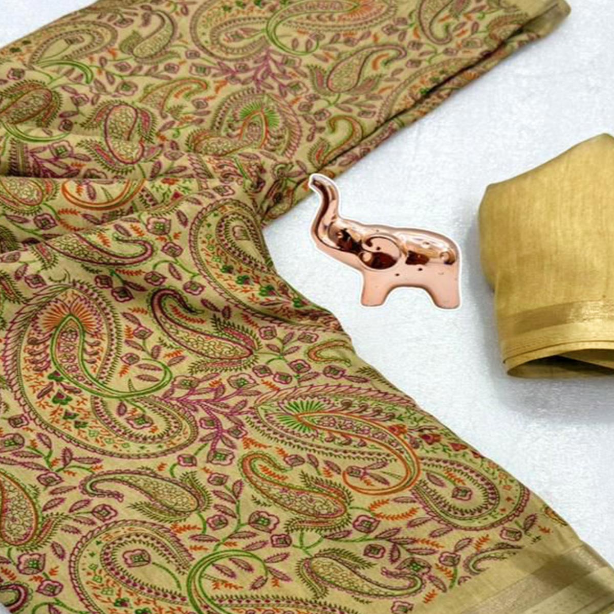 Classic Chikoo Tussar Silk Blend Saree Adorned With Elegant Paisley & Floral Kashmiri Prints