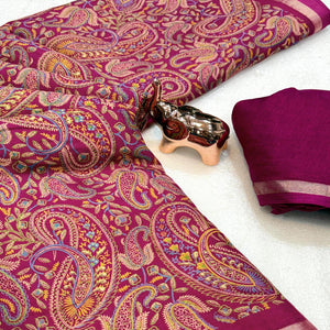 Classic Dark Magenta Tussar Silk Blend Saree Adorned With Elegant Paisley & Floral Kashmiri Prints