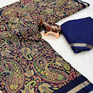 Classic Dark Navy Blue Tussar Silk Blend Saree Adorned With Elegant Paisley & Floral Kashmiri Print