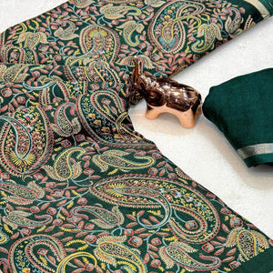 Classic Green Tussar Silk Blend Saree Adorned With Elegant Paisley & Floral Kashmiri Prints