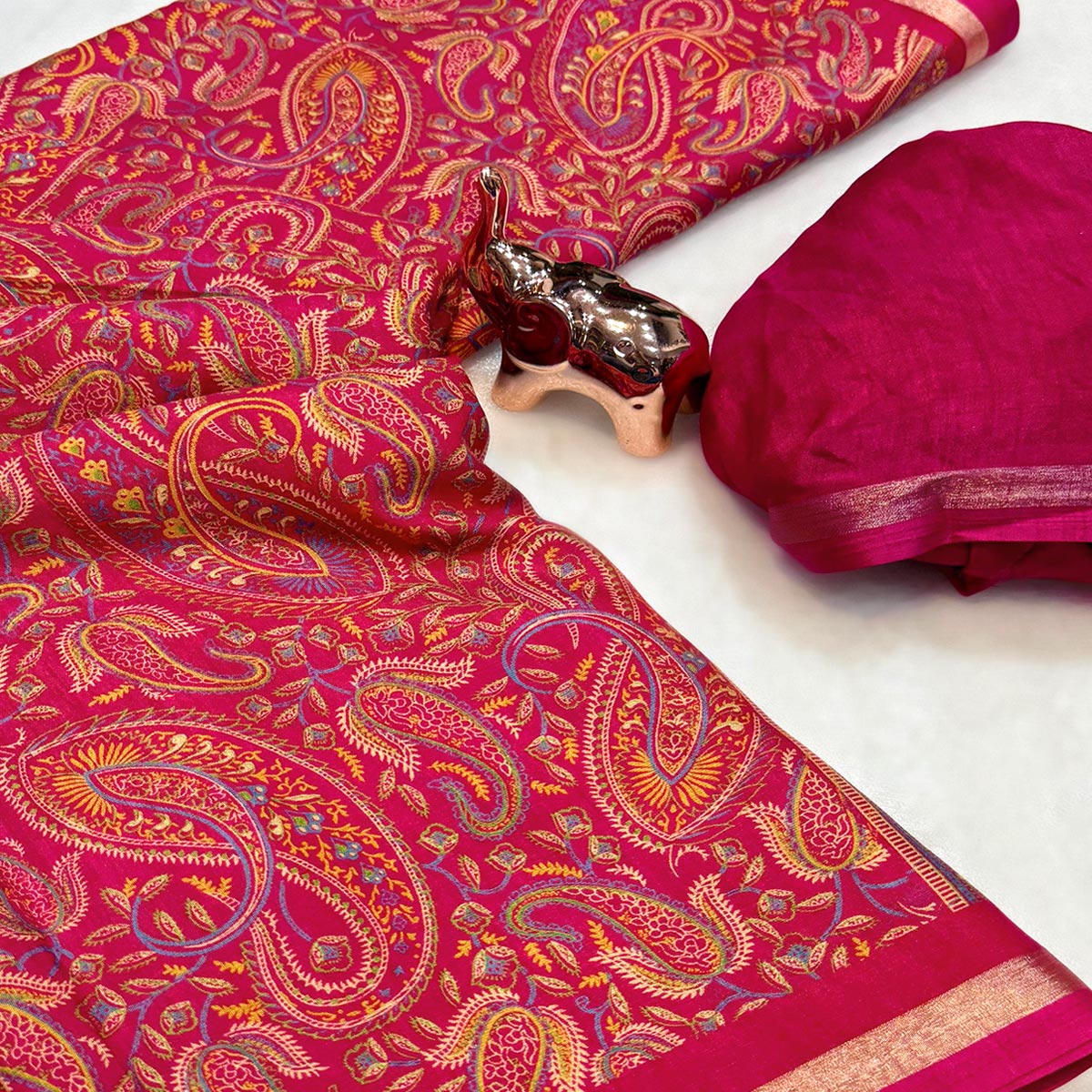 Classic Pink Tussar Silk Blend Saree Adorned With Elegant Paisley & Floral Kashmiri Prints