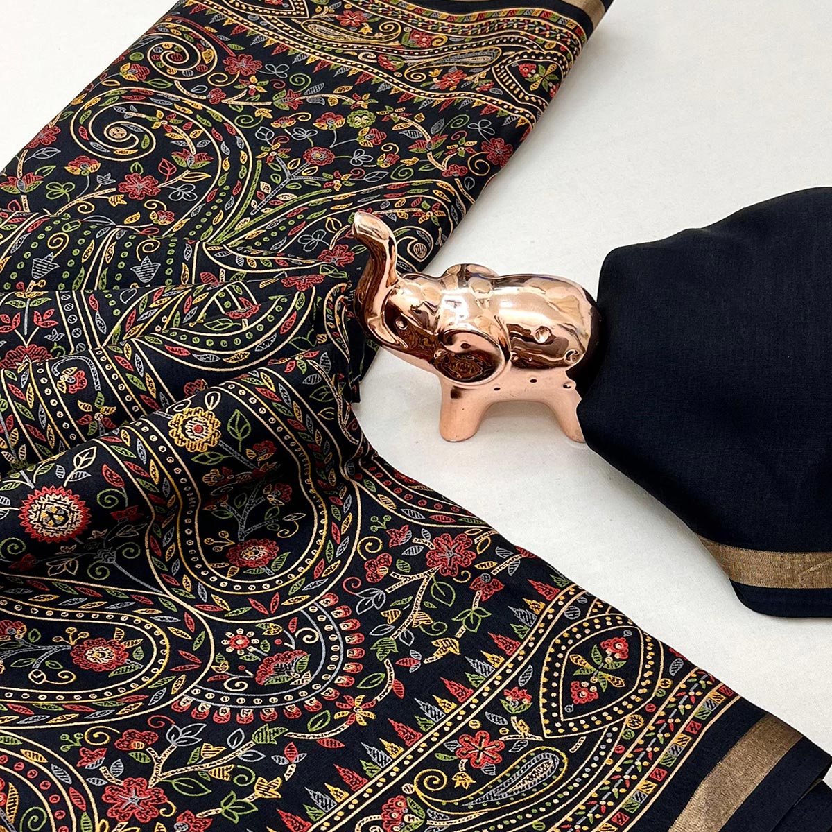 Black Floral Printed Dola Kashmiri Dola Silk Saree Highlighted With Rich Golden Zari Border