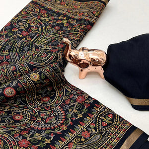 Black Floral Printed Dola Kashmiri Dola Silk Saree Highlighted With Rich Golden Zari Border