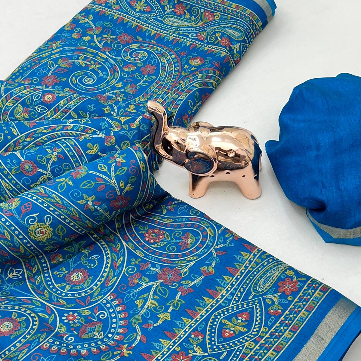 Blue Floral Printed Dola Kashmiri Dola Silk Saree Highlighted With Rich Golden Zari Border