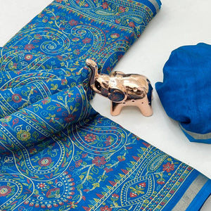 Blue Floral Printed Dola Kashmiri Dola Silk Saree Highlighted With Rich Golden Zari Border